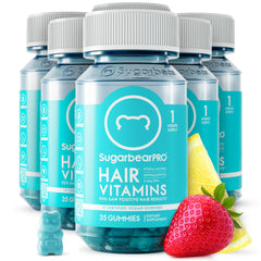 SugarBearPro bottle front with daily vitamins for healthy-looking hair.