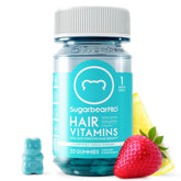 SugarBearPro Hair Gummy bottle front shows vegan, extra-strength biotin formula for daily hair care.