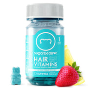 SugarBearPro Hair Gummy bottle front shows vegan, extra-strength biotin formula for daily hair care.