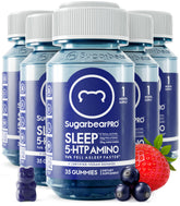 SugarBearPro Sleep Gummy bottle closeup shows 6 mg melatonin for restful nights.