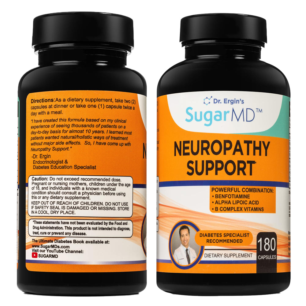 SugarMD Neuropathy bottle front featuring 180 capsules for convenient daily nerve support.