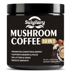 Suiyilary Mushroom Coffee packaging shows the 10-mushroom blend for daily energy