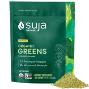 Suja Organic Greens Powder bag front showing a clean greens blend for daily nutrition.