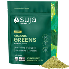 Suja Organic Greens Powder bag front showing a clean greens blend for daily nutrition.