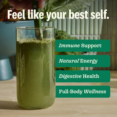 Suja Organic Greens Powder ingredients display kale, broccoli and spinach for nutrition.