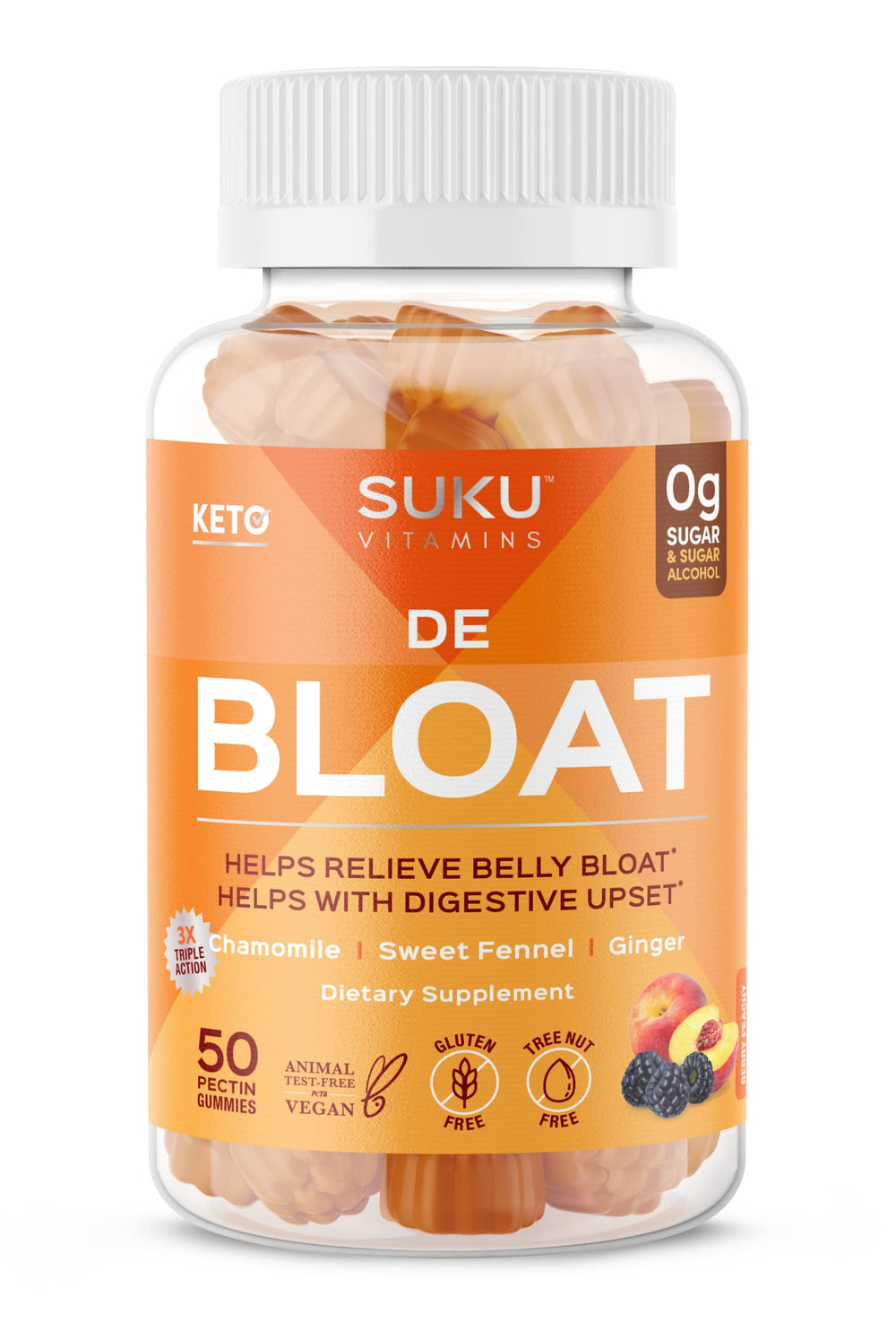SUKU Debloat bottle close-up showing easy-to-take capsules for gentle digestive comfort