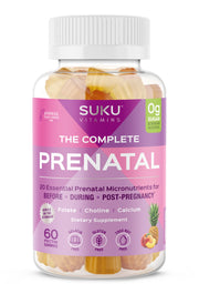 SUKU Prenatal Gummies bottle showing pineapple peach flavor for easy prenatal nutrition