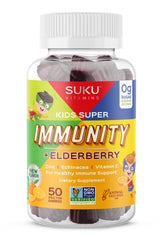 SUKU Vitamins Kids Super Immunity elderberry bottle highlighting immune support.