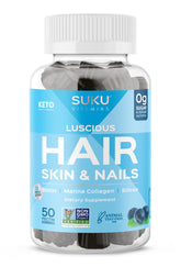 SUKU Luscious Hair bottle with blueberry gummies in front, promoting hair and skin benefits