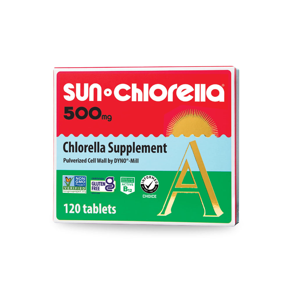 Sun Chlorella 500mg bottle front with daily energy-support tablets.