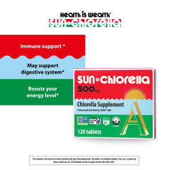 Sun Chlorella 500mg bottle pours into a glass of water for hydration.
