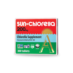 Sun Chlorella tablet close-up reveals chlorophyll-rich greens for daily vitality.