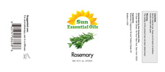 Sun Essential Oils rosemary label highlights 16 oz bottle for bulk aromatherapy.