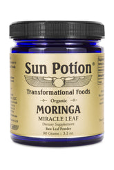 Sun Potion Moringa Leaf Powder jar front reveals vibrant powder ideal for smoothies