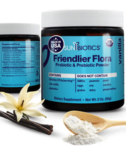 Sunbiotics Friendlier Flora vanilla powder tub, convenient daily use
