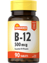 Sundance Vitamin B-12 bottle showing 500 mcg tablets, non-GMO and gluten-free.