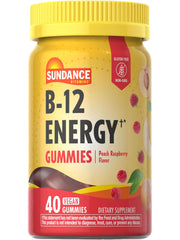 Sundance Vitamin B-12 Energy Gummies bottle shot highlighting peach-raspberry flavor and energy support.