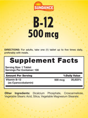 Close-up of Sundance Vitamin B-12 tablet highlighting vegetarian formula.