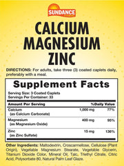 Sundance calcium magnesium zinc caplets close-up highlighting easy-to-swallow coated caplets.