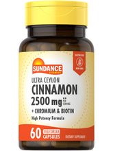 Sundance Ceylon Cinnamon capsules bottle highlights a gluten-free, vegetarian supplement option.