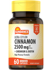 Sundance Ceylon Cinnamon capsules bottle highlights a gluten-free, vegetarian supplement option.