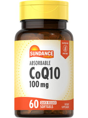 Sundance CoQ10 100mg softgel bottle showing per softgel dosage for easy daily use.