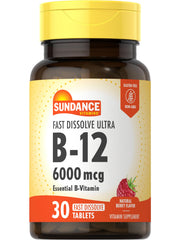 Sundance fast-dissolve B-12 berry tablet on bottle showing 6000 mcg per serving
