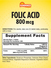 Sundance Folic Acid 800 mcg bottle label clearly shows essential B vitamin.