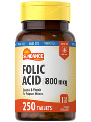Sundance Folic Acid 800 mcg bottle for daily essential B vitamin use.