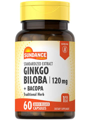 Sundance Ginkgo Biloba capsules bottle; gluten-free daily supplement potential focus support.