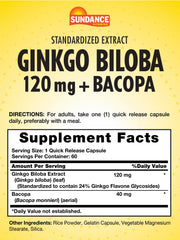Close-up of Sundance Ginkgo Biloba bottle showing 120 mg per capsule for daily use.