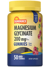 Sundance Magnesium Glycinate Gummies bottle in grape flavor; vegan and gluten-free.