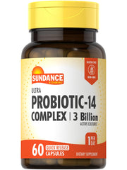 Sundance Probiotic-14 Complex bottle front with 60 capsules for daily use.