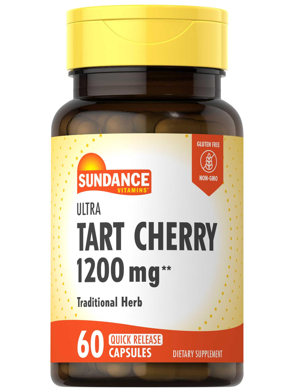 Sundance Tart Cherry Capsule front label, 1,200 mg potency for daily use.