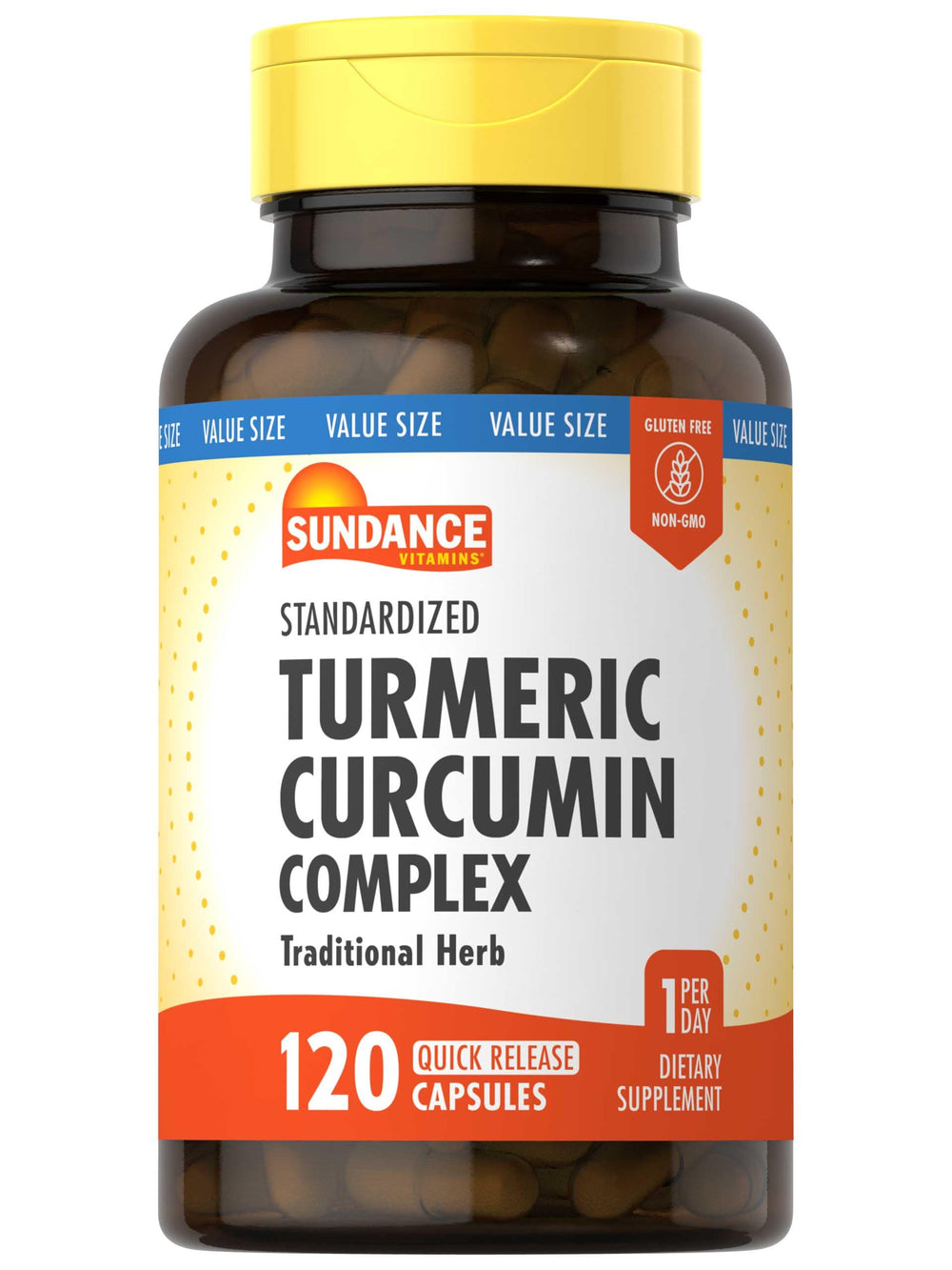 Sundance Turmeric Curcumin bottle front view, showcasing the 500 mg daily capsule for wellness support.