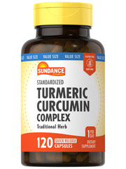 Sundance Turmeric Curcumin bottle front view, showcasing the 500 mg daily capsule for wellness support.