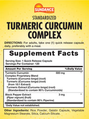 Sundance Turmeric Curcumin ingredients label highlights non-GMO and gluten-free formulation.