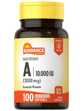 Sundance Vitamin A softgels bottle shows 10,000 IU per capsule for daily use.
