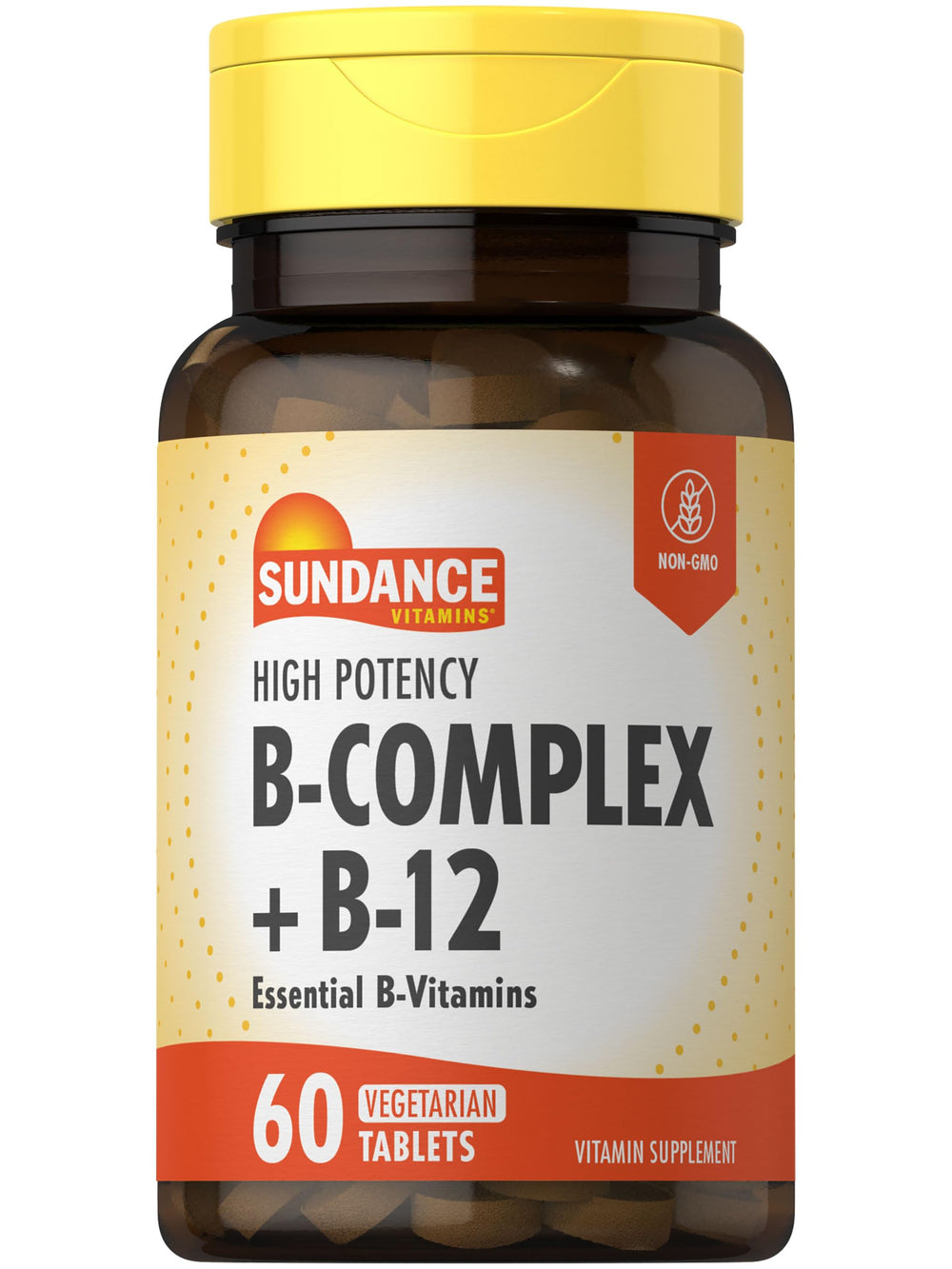 Sundance Vitamin B-Complex bottle showing capsules for daily support and easy dosing.