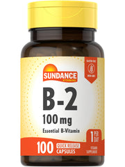Sundance Vitamin B-2 100mg bottle with quick-release capsules for daily use.