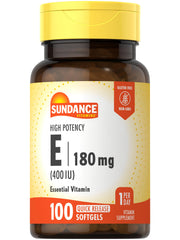 Sundance Vitamin E 180mg bottle front showing high-potency softgels for daily wellness