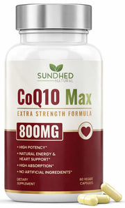 Sundhed Natural CoQ10 800mg bottle on a clean countertop highlighting daily energy support