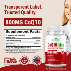 Close-up of Sundhed Natural CoQ10 capsules showing the 800 mg dose for easy dosing