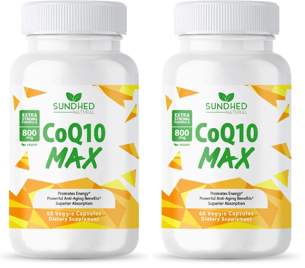 Sundhed Natural CoQ10 extra strong bottle front showing 800 mg per capsule for energy support.