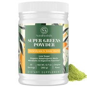 Sundhedsliv Super Greens Powder bottle beside a glass, promoting daily energy and wellness.