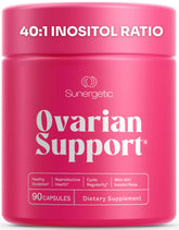 Sunergetic ovarian health supplement bottle for balanced hormones and healthier cycles.