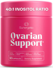 Sunergetic ovarian health supplement bottle for balanced hormones and healthier cycles.