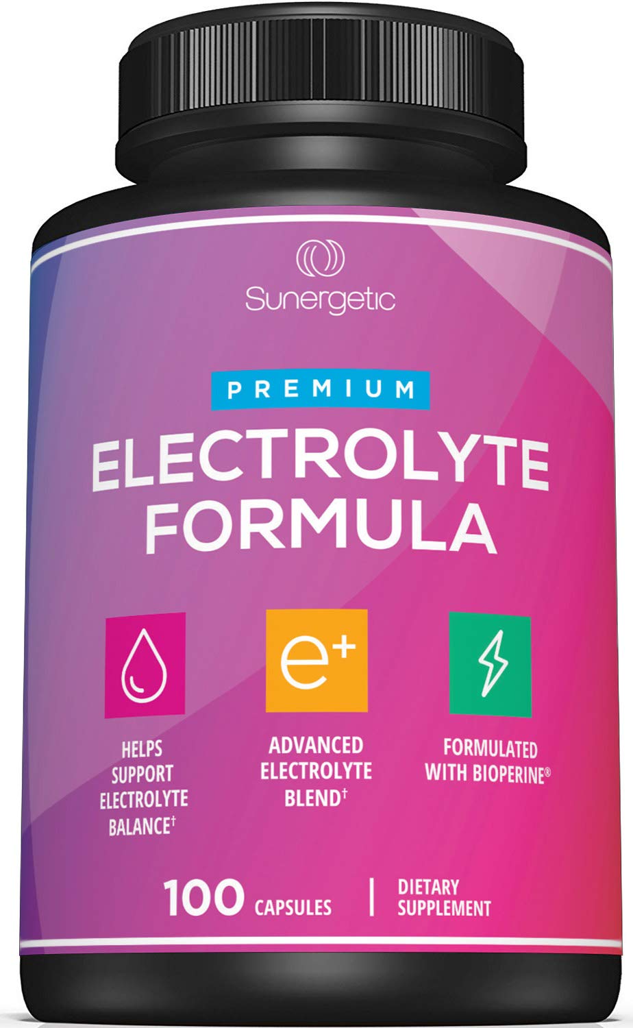 Sunergetic Premium Electrolyte Capsules bottle shown for daily hydration use