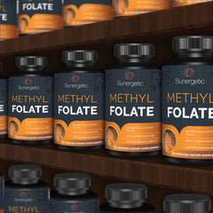 Bottle label image featuring Sunergetic Methyl Folate facts and ingredients