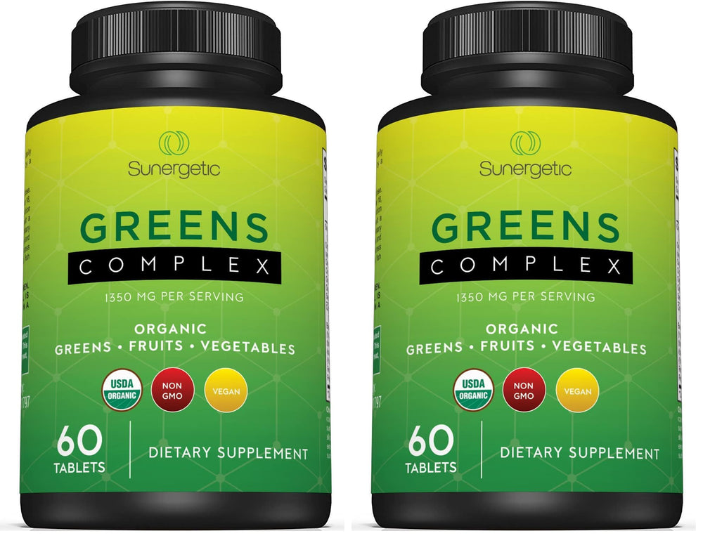 Sunergetic Premium Greens Tablets front pack with USDA Organic seal for daily support